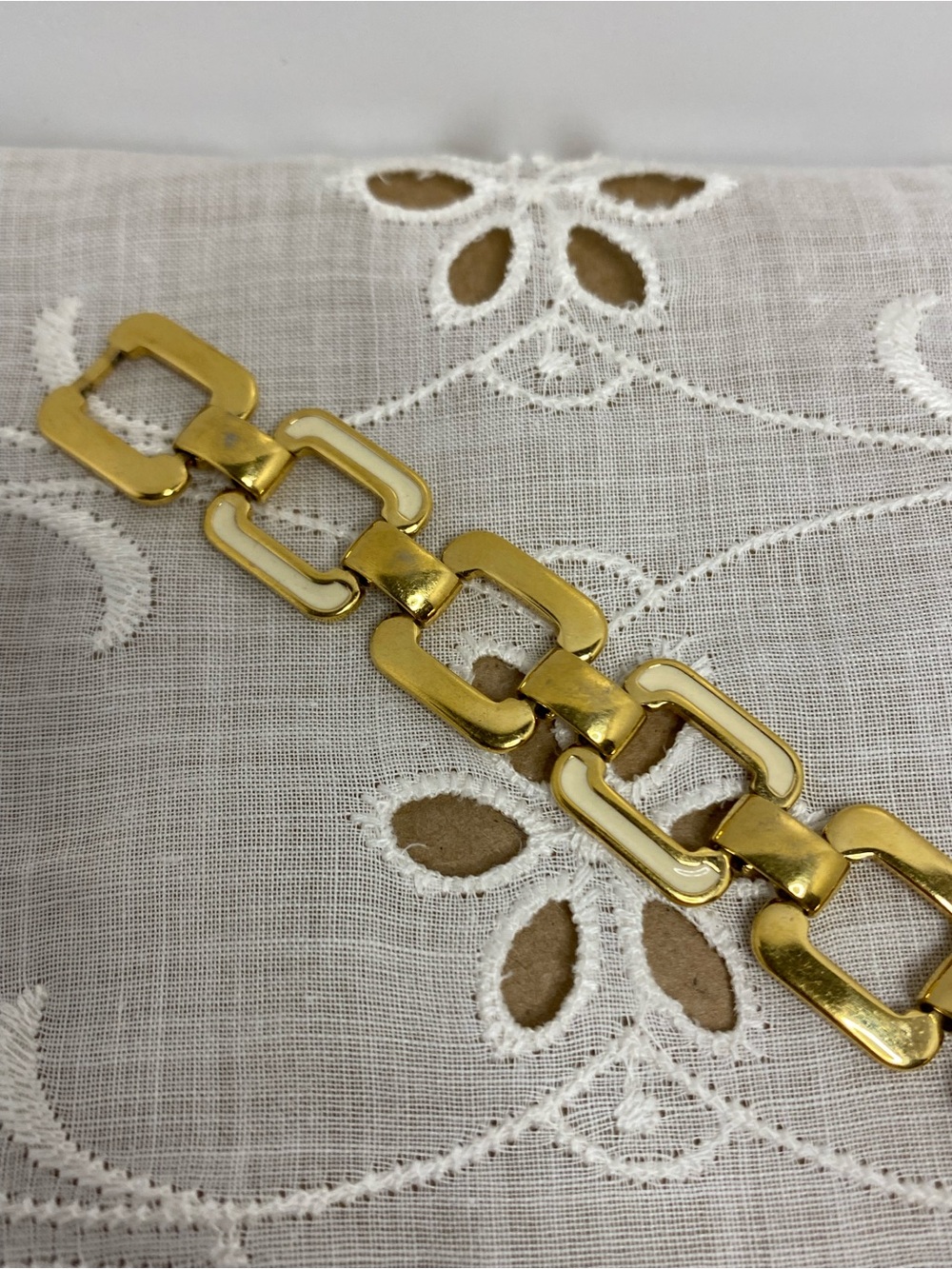 Vintage Monet Gold Tone Ivory Enamel Geometric Link Bracelet 7.25 Inch